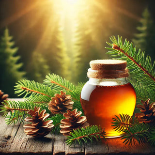 A visually appealing cover image for a blog about pine cone syrup (Tannenzapfen-Sirup). The image features a glass jar filled with golden, thick pine cone.