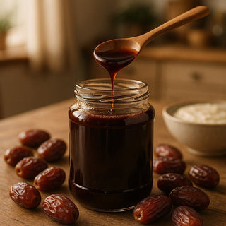 dattelsirup in a jar and wood spoon
