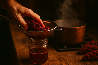 Hand presst zerstoßene Sumachbeeren durch ein Maschensieb in ein Einmachglas; Kupfertopf dampft sanft in rustikaler Küche.