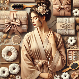 A stylish and elegant cover image for a textile collection featuring luxurious kimonos, soft hair bands, and soothing eye pads.