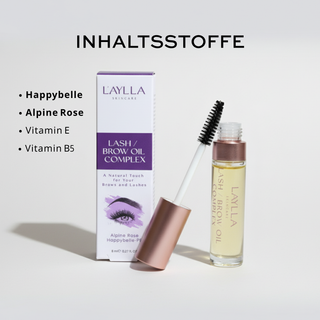 lash/brow oil complex, inhaltsstoffe - Happybelle, Alpine Rose, Vitamin E, Vitamin B5